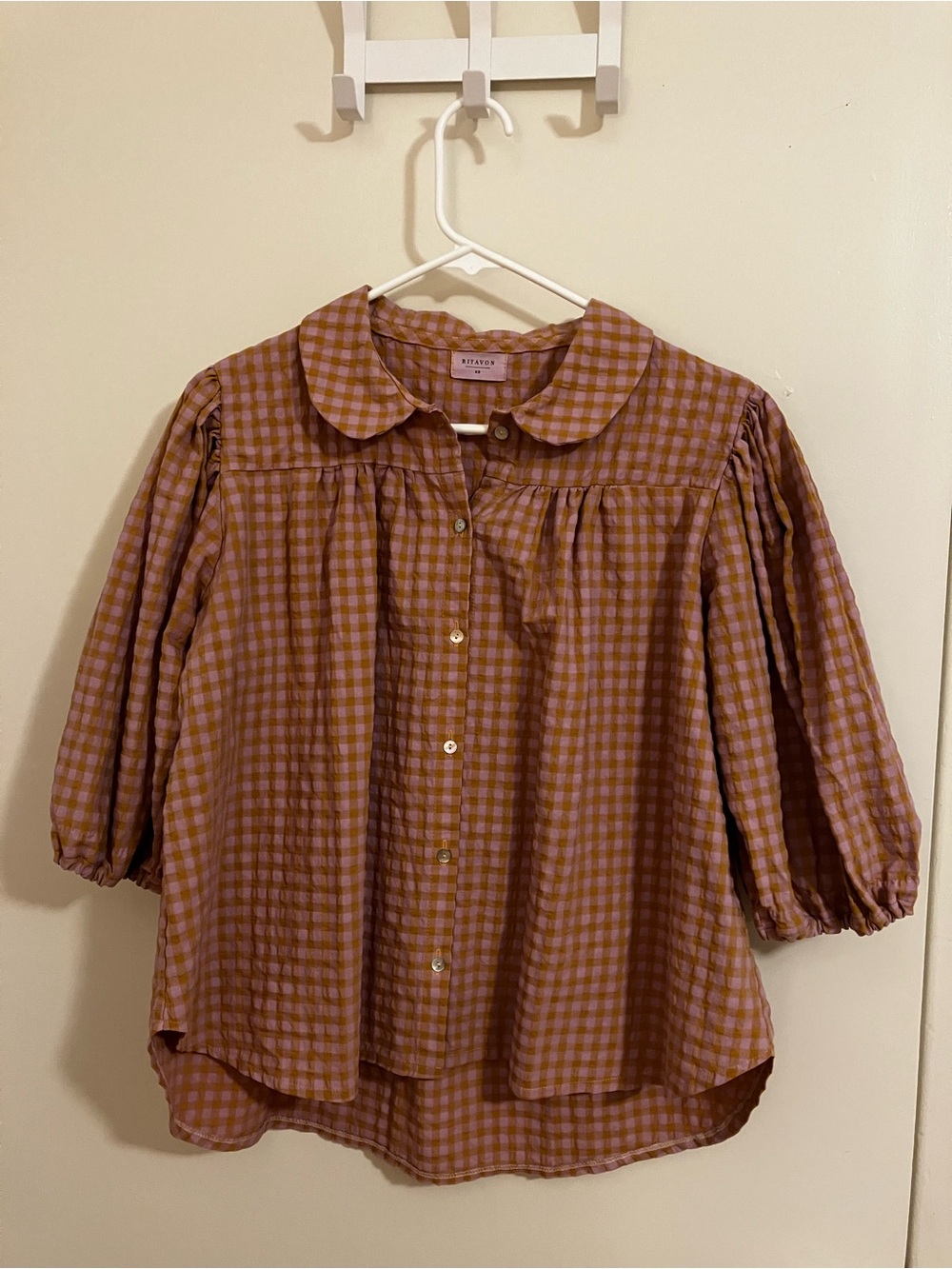 Ritavon burnt orange and pink Gingham Button-Front Peter Pan Collar Blouse